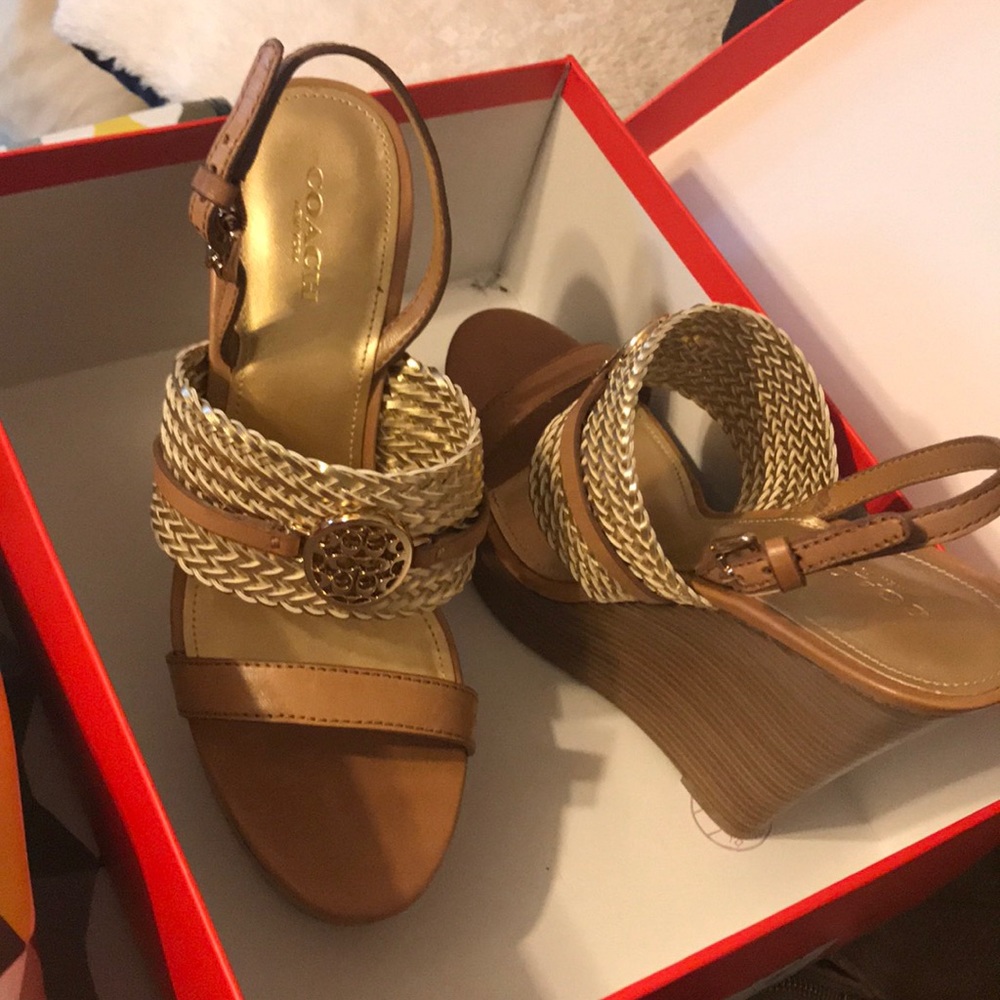 Gold & tan ~5” high Coach wedge sandals